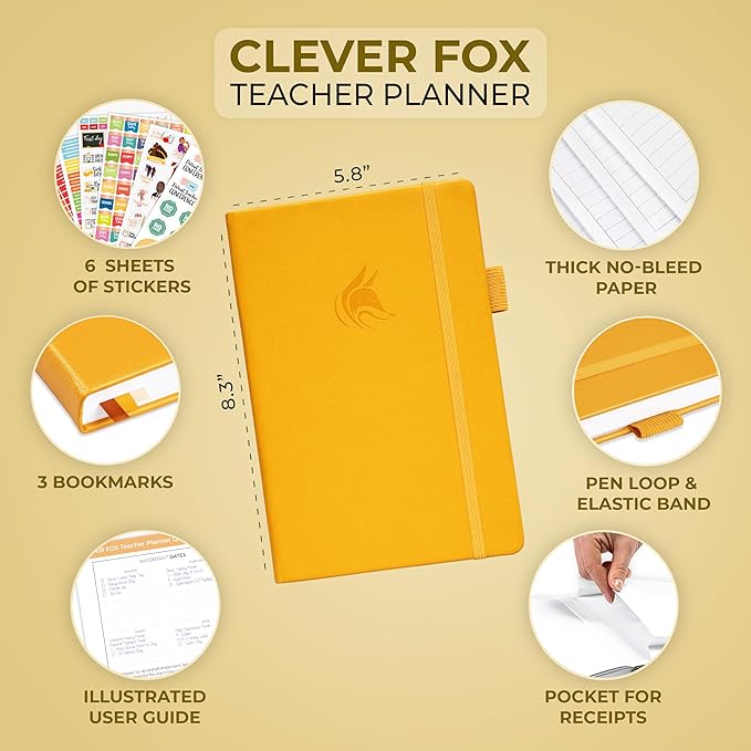 Clever Fox Teacher Planner – School Year Planner with Calendars & Lesson Plans – Teacher Plan Book for Classroom & Homeschool Organization - Undated, A5 Size, Hardcover (Amber Yellow)