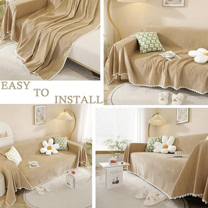 HANDONTIME Khaki Couch Covers for Sectional Sofa L Shape Cute Loveseat Covers Dog Cover Covers, Sofa Covers for 3 Cushion Couch Chenille Sofa Slipcover Soft Sofa Cover for Sectional Sofa, 71" X118"