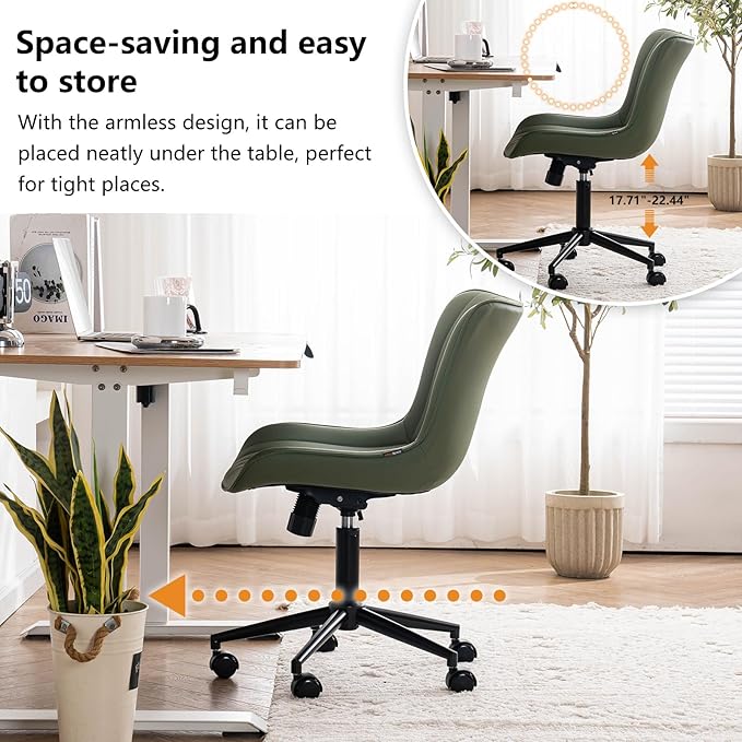 YOUNIKE Armless Home Office Desk Chair with Wheels Compact Comfy Vanity Chair with Adjustable Back Modern Small Leather Upholstered Rolling Swivel Cute Task Drafting Sewing Chair No Arms Olive Green