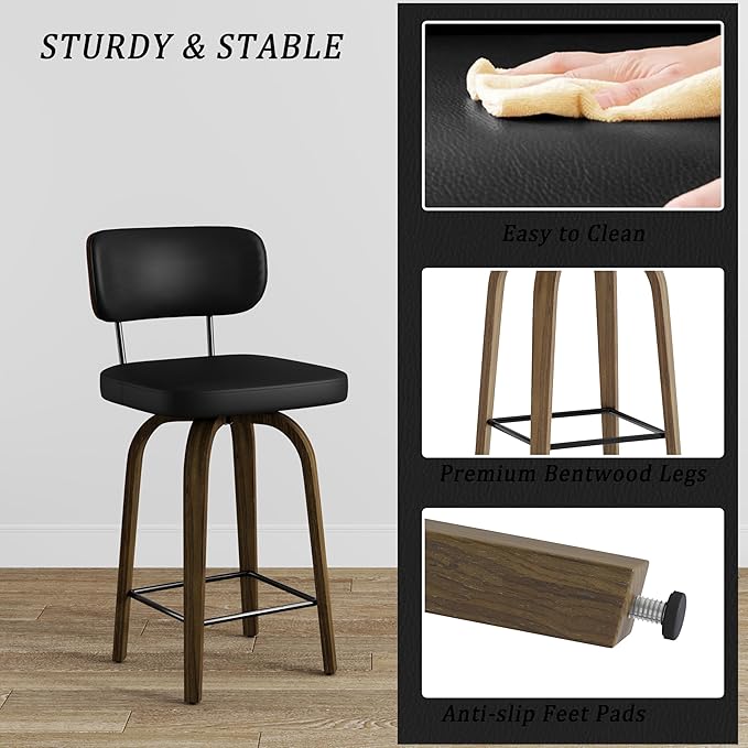 Swivel Counter Height Bar Stools with Back Set of 2, 26" Faux Leather Kitchen Bar Stools with Wood Legs and Metal Footrest for Kitchen Island (Black PU)