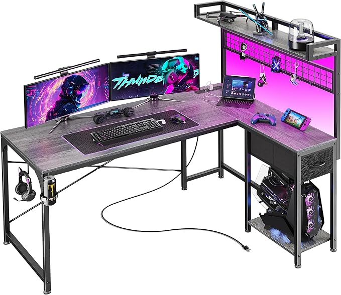 PRAISUN L Shaped Gaming Desk with Shelves, Corner Computer Table with LED Lights, Power Outlets and USB-C Ports, 50 Inch Reversible Home Office Desk with Storage Drawer, for Work and Study, Grey