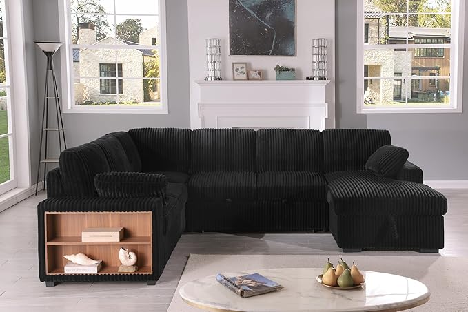 Eafurn Oversized U Shaped Convertible Sleeper Sectional Sofa w/Pull Out Couch Bed, 6 Seater Corduroy Upholstered Corner Lounge Sofa Couch Sleeper Sofabed w/Storage Chaise,Shelves
