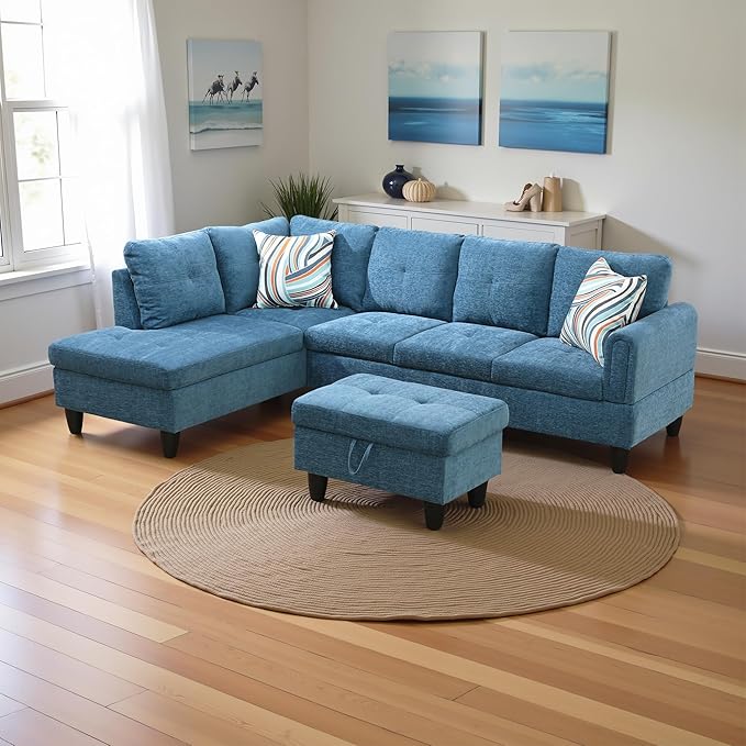 L Shaped Couch Modern Sectional Couch Upholstered Flannel Fabric 3 Pieces Sofas for Living Room with Chaise, Storage Ottoman for Office and Small Apartment, Blue