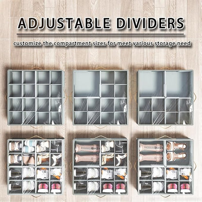 Shoe Organizer for Closet,2 Pack Foldable Shoe Storage Organizer Box Bin with Adjustable Dividers and Clear Cover, Fits up to 16-32 Pairs（Grey）