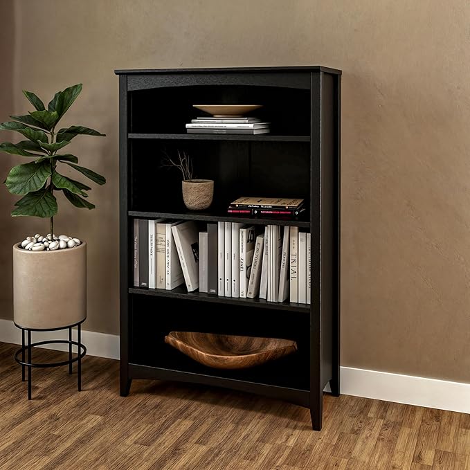 Camaflexi Shaker Style 4 Shelf Bookcase/Solid Wood / 48" High/Adjustable Shelving/Closed Back/Display Bookshelf for Living Room, Bedroom, Home and Office, Black