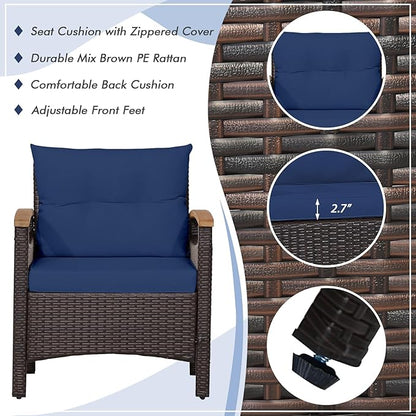 Tangkula 3-Piece Patio Furniture Set, Patiojoy Outdoor Rattan Sofa Set with Coffee Table, Patio Conversation Set with Removable Cushion, Cozy Acacia Wood Armrests for Backyard, Poolside (Navy)