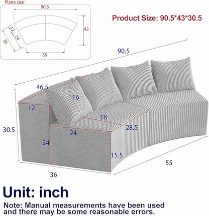 KEIKI Corduroy Curved Sectional Sofa, 2 Seater Symmetrical Modular Semi Circular Couch, Deep Seat Tufted Corner Sofa for Living Room, Lobby, Yellow
