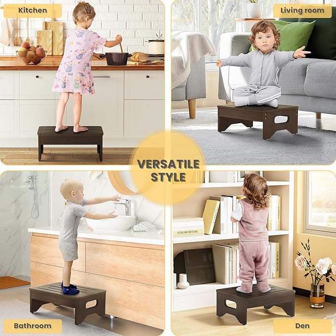 Wooden Step Stool for Adults & Kids, Non-Slip Rubber Feet, 6.5 Inch High, Lightweight Small Step, 400 Lbs Capacity, Bed Step Stool for High Bed, Bathroom & Kitchen, Walnut