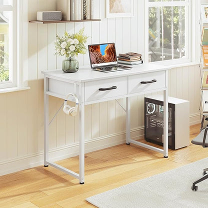 Casaottima 32 Inch Small Office Computer Desk with 2 Drawers & Headphone Hook - Compact Writing Desk for Home Office, Study or Work, Modern Space-Saving Design for Small Spaces, White