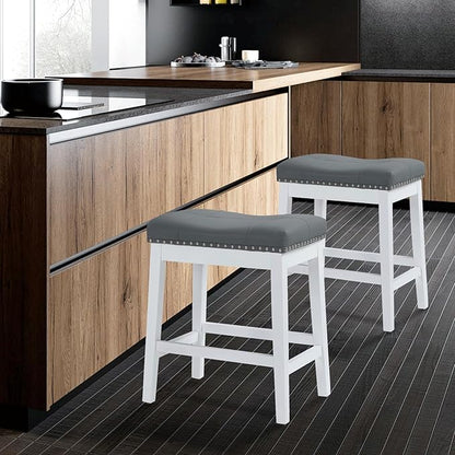 Athena Collection Bar Stools Set of 2, 25 Inches Counter Height Bar Stools Backless with Footrest, Leather Upholstered Saddle Barstools with Nailhead Trim for Kitchen Island, Counter, Grey White