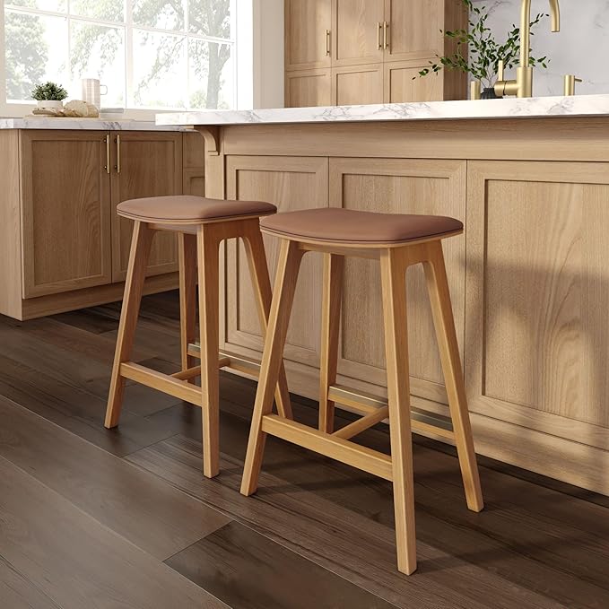 Plank+Beam Beryl Counter Height Stool - Mid-Century Modern Rubberwood Bar Stool with Faux Leather Seat, Metal Footrest, Easy Assembly, 4-Pack, Pecan/Toffee