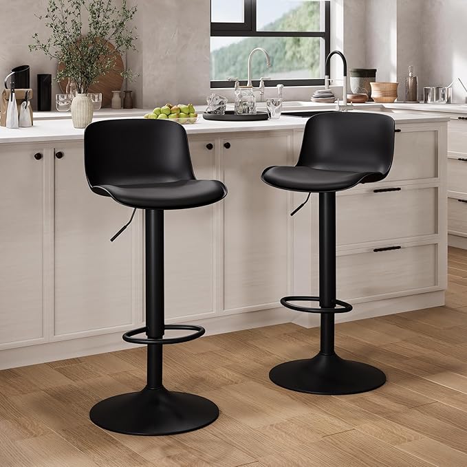 YOUTASTE Black Bar Stools Set of 2 Counter Height Bar Stool Upholstered Adjustable Swivel Metal High Back Bar Chairs PU Soft Cushion for Home and Kitchen