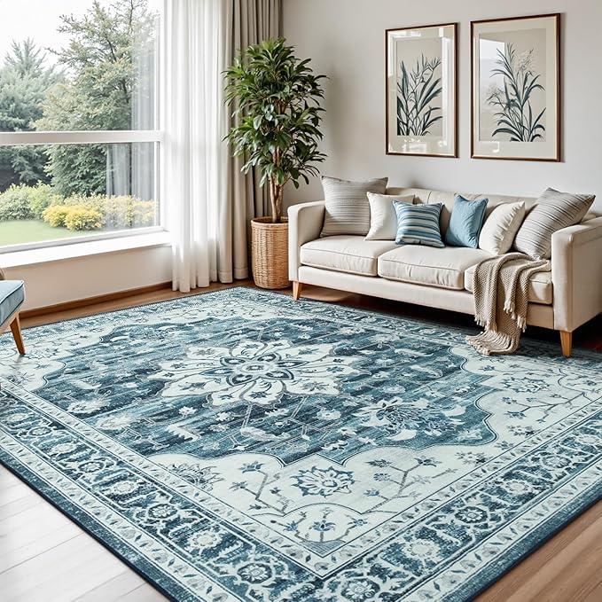 Lofus 5x7 Washable Area Rug, Vintage Floral Rugs for Living Room, Bedroom, Dinning Room, Low Pile Large Area Rugs with Non-Slip Backing, Sunflower Print Pattern, Neutral Blue