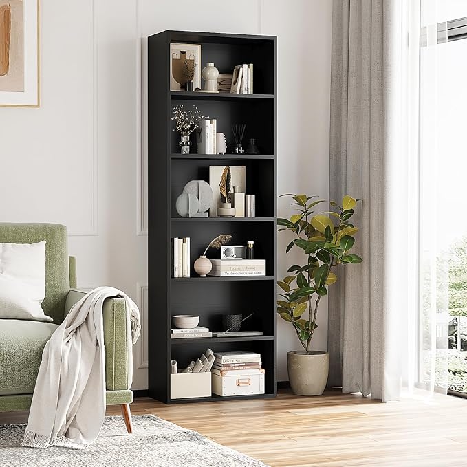 6-Tier Book Shelf, Floor Standing Open Bookcase, Wooden Display Storage Shelves with Anti-Tipping Device, 71" Tall Bookshelf for Bedroom, Living Room and Office, Black