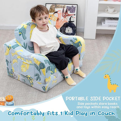 Comfy Toddler Chair and Couch for Kids with Blanket,2-in-1 Soft Plush Fold Out Toddler Couch for Girls and Boys,Convertible Sofa to Lounger for Playroom,Glowing Dinosaur