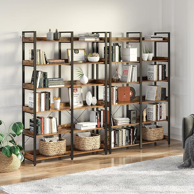 Seventable Bookshelf 6 Tier with 4 Hooks, 67” Industrial Wooden Bookcase, Vintage Storage Rack with Open Shelves, Rustic Standing Bookshelves Metal Frame 43.3” Wide Display Rack, Rustic Brown