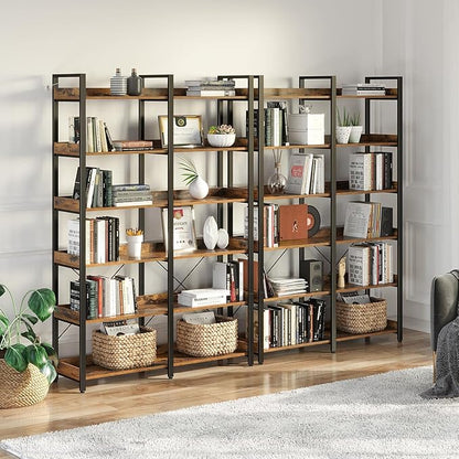 Seventable Bookshelf 6 Tier with 4 Hooks, 67” Industrial Wooden Bookcase, Vintage Storage Rack with Open Shelves, Rustic Standing Bookshelves Metal Frame 43.3” Wide Display Rack, Rustic Brown