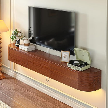 Fully Assembled Floating TV Stand with Drawers, 63IN Vintage Wall Mounted Entertainment Center, Minimalist Large Storage Console Under TV, Solid Wood Media Shelf for Living Room, Bedroom