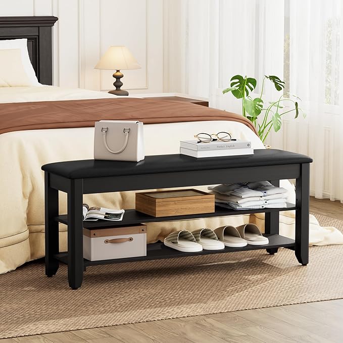Shoe Rack Bench with Flip-Top Storage, Solid Wood Entryway Bench with Cushion, Adjustable Shelf, for Hallway, Mudroom, Closet – Black, 39.4"