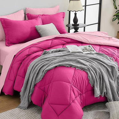 HEVUMYI Hot Pink & Baby Pink Queen Comforter Set - 7-Piece All Season Bed in a Bag Queen, Ultra Soft Bedding Set with Comforter, Flat Sheet, Fitted Sheet, Pillowcases, Pillow Shams
