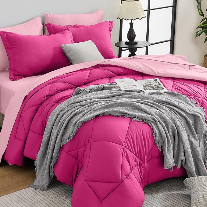HEVUMYI Hot Pink & Baby Pink Full Comforter Set - 7-Piece All Season Bed in a Bag Full, Ultra Soft Bedding Set with Comforter, Flat Sheet, Fitted Sheet, Pillowcases, Pillow Shams