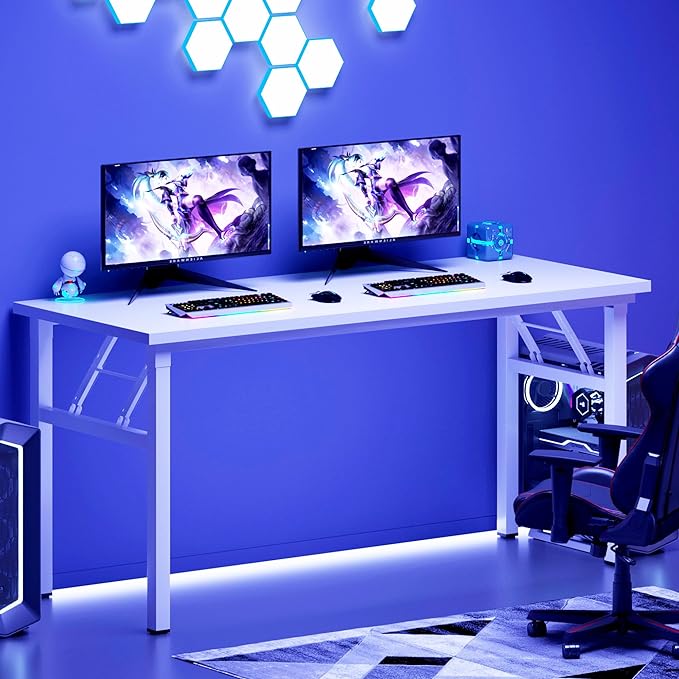 DlandHome Large Computer Desk, Folding Desk, Decent and Steady Home Office Desk/Workstation/Table 54.3inch White White
