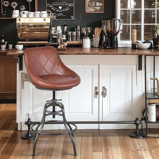 Diwhy Industrial Counter Stool, 22.44"-27.17" Adjustable Height PU Backrest Seat Bar Stool, Vintage Kitchen Dining Chair with Footrest, for Kitchen, Dining Side Chair, Bistro, Brown Leather