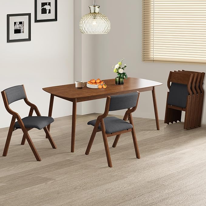 Folding Dining Chairs Set of 2, Upholstered Kitchen Chair with Padded Seat & Backrest, Modern Sidechair with Wood Legs,No Assembly Needed,Dark Grey+Walnut