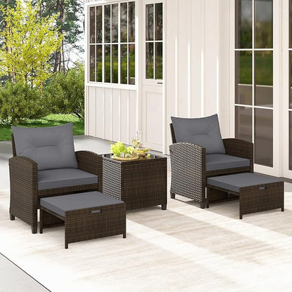 Tangkula 5 Pieces Patio Conversation Set, PE Wicker Rattan Outdoor Furniture Set with 2 Chairs, 2 Ottomans & Tempered Glass Coffee Table, Ideal for Poolside, Backyard, Lawn, Deck, Mix Brown & Grey