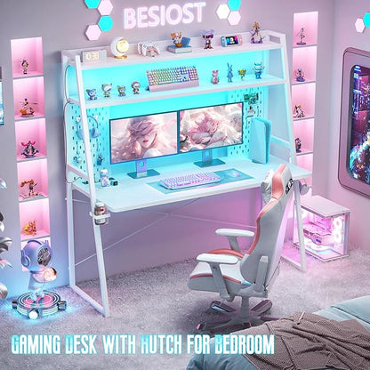Gaming Desk with Hutch and LED Lights, Gaming Computer Desk with Power Outlets, Gamer Desk with Storage Shelves, PC Game Desk with Pegboards for Bedroom, Carbon Fiber White, 49"