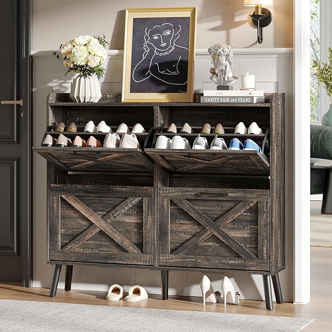 Maupvit Large Shoe Storage Cabinet with 4 Flip Drawers, Narrow Shoe Cabinet for Entryway with Wooden Legs, Freestanding Hidden Shoe Rack Organizer ＆ Metal Hinges, Dark Rustic Oak