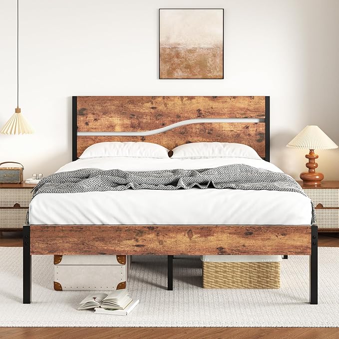 VECELO Queen Size Bed Frame with Wood Headboard and Footboard, 14 Inch Platform/No Box Spring Needed, Heavy Duty Support, Easy Assembly