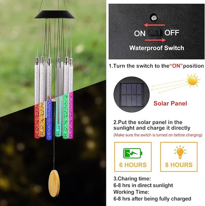 Solar Wind Chimes for Outside, DesGully 6 LED Tubes Color Changing Outdoor Clearance Unique Garden Decor Colorful Patio, Gifts for Her/Him (37" Long)