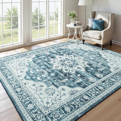 Lofus 5x7 Washable Area Rug, Vintage Floral Rugs for Living Room, Bedroom, Dinning Room, Low Pile Large Area Rugs with Non-Slip Backing, Sunflower Print Pattern, Neutral Blue