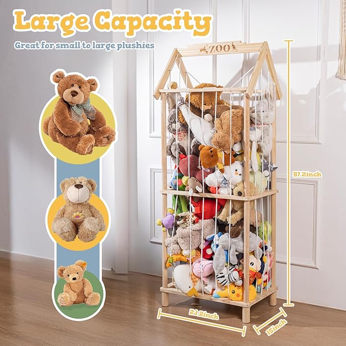 Stuffed Animal Storage, Wooden Stuffed Animal Holder Stuffed Animal Zoo Organizer Cage with Large Capacity, Using for Storing Plushies on Nursery Playroom Bedroom Decor Corner