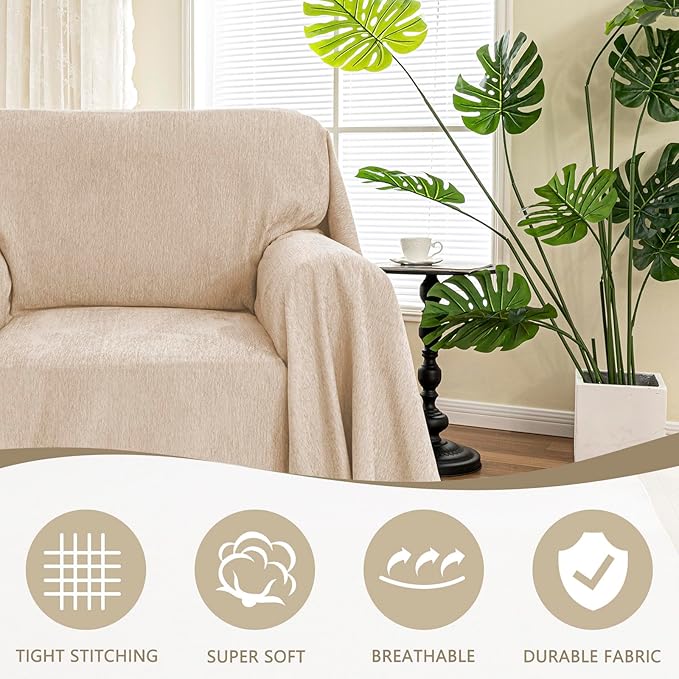 MYSKY HOME Oversized Armchair Couch Cover for 1 Cushion Couch, Chair Couch Covers with Tassel, Washable Sofa Protector, Sofa Covers Sofa Throws Sofa Slipcovers Futon Cover for Pet, Kid, 71"X91", Khaki