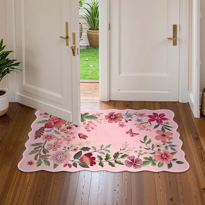 Lahome Floral Washable Entryway Rug, 2X3 Soft Kitchen Rugs Non-Slip, Ultra-Thin Door Mat Indoor Entrance Stain Resistant Boho Small Throw Carpet for Bathroom Bedroom Entry, Pink
