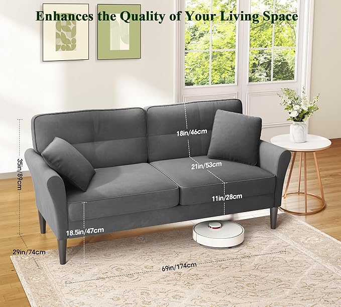 69" Loveseat Sofa, Velvet Small Couches for Small Spaces, Love Seat Couches with 2 Pillows, Tool-Free Setup Loveseats, 700lb Load Sofas for Living Room, Mini Couch for Bedroom, Sofa Couch, Charcoal