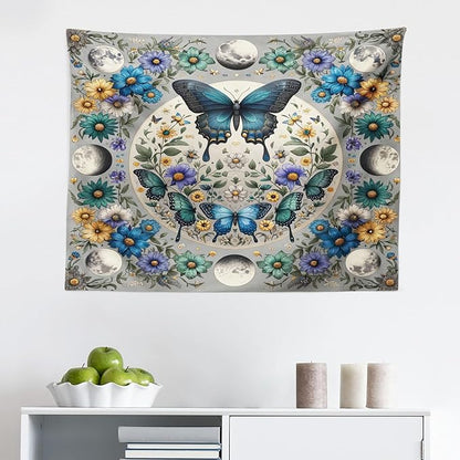 Ambesonne Boho Tapestry, Wreath of Colorful Flowers with Moon and Butterfly Pattern Witchy Scenery, Fabric Wall Hanging Decor for Bedroom Living Room Dorm, 28" X 23", Sea Blue Pale Grey Teal