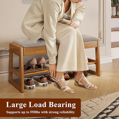 Shoe Rack Bench with Cotton-Linen Cushion 2-Tier Wooden Storage Bench 550lbs Compact Simple & Modern Design for Entryway, Hallway, Bedroom, Living Room, Closet, Front Door Entrance, Foyer