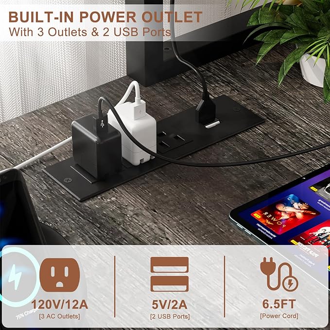 Aheaplus L Shaped Gaming Desk with Power Outlets & LED Lights, Small L- Shaped Desk Computer Corner Desk with Monitor Stand & Storage Shelf, Home Office Desk Writing Desk with Storage Bag, Grey Oak