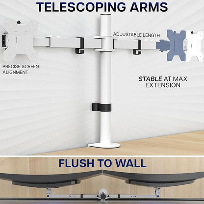 VIVO Dual LCD LED 21 to 32 inch Monitor Desk Mount, Heavy Duty, Adjustable Telescoping Arms, Flush Wall Setup, Fits 2 Screens, White, STAND-V002EW