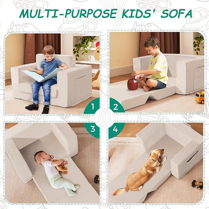 Kids Couch, 2-in-1 Toddler Chair Comfy 1-3 Years, Convertible Kids Chair, Toddler Couch That Fold Out, Kid Lounge Chairs for Boys and Girls, Soft Coral Fleece, Beige