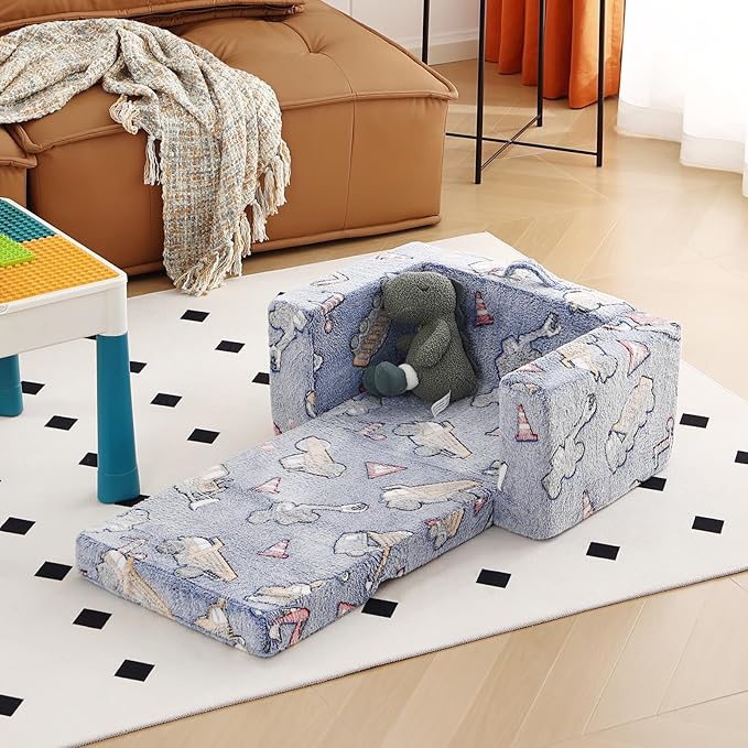 Tiita Kids Chair Couch, Folding Toddler Comfy Sofa Chairs, 2-in-1 Kids Plush Sofa Fold Out, Baby Armrest Chair to Lounger, Convertible Play Sofas to Bed for Girl or Boy, Vehicles