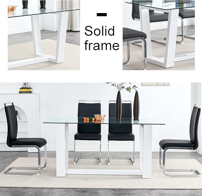 63" Modern Glass Dining Table with Rectangular Tempered Tabletop,Dinner Desk Set for 6-8 People W/Trapezoid Bracket,for Home,Kitchen,Dining Room,Office,White+Clear Finish