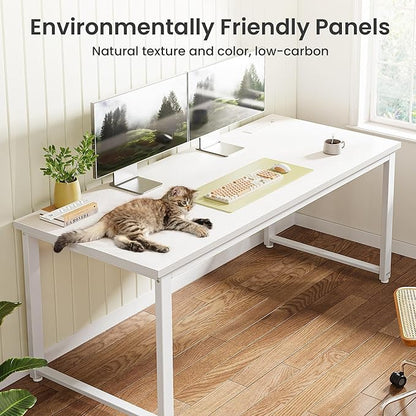 Huuger 55 x 24 inch Desk with Power Outlets & USB-C, Deeper & Thicker Desktop, Robust Metal Tubes, Computer Desk, Heavy Duty Office Desk, Work Gaming Desk for Home Office, White
