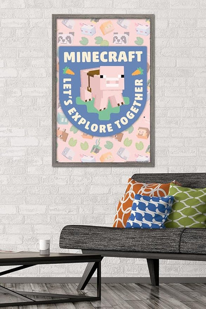 Trends International Minecraft - Let's Explore Together Wall Poster, 34L x 22.4W, Barnwood Framed Version