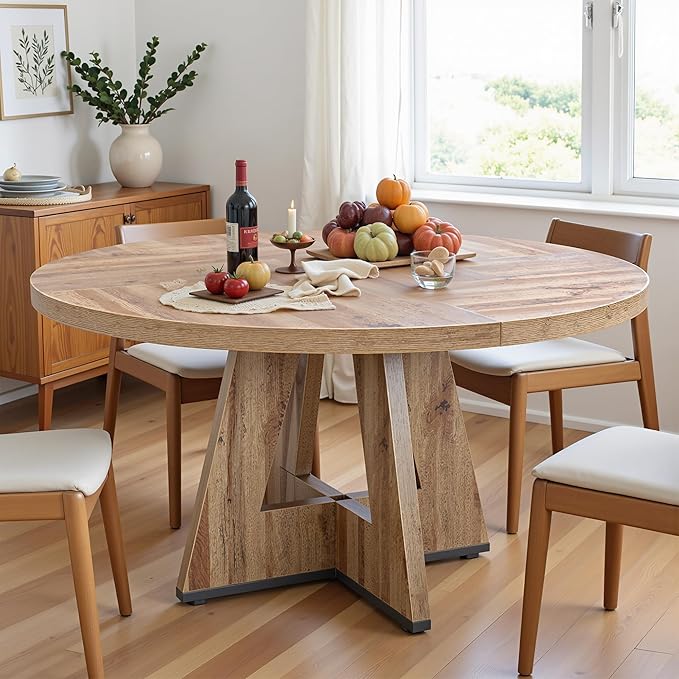 NicBex 47 Inch Round Dining Table, Wooden Dinner Table for 4, Small Farmhouse Kitchen Tables with Cross Base for Dining Room, Kitchen, Living Room, Light Brown