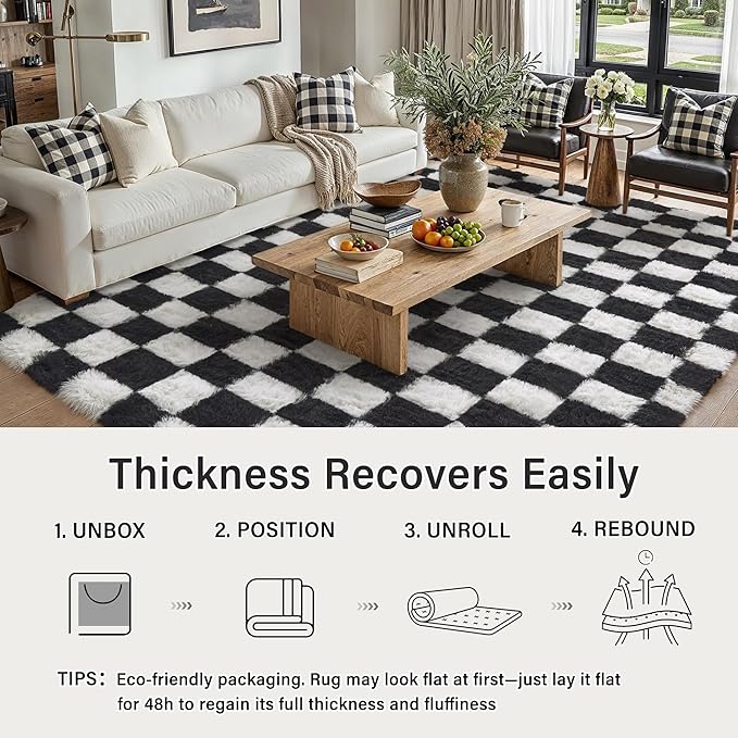 Checkered Round Rugs 5ft for Living Room, Black and White Modern Shag Rugs Super Soft Washable Fluffy Indoor Office Carpet for Bedroom Home Dorm Aesthetic Decor