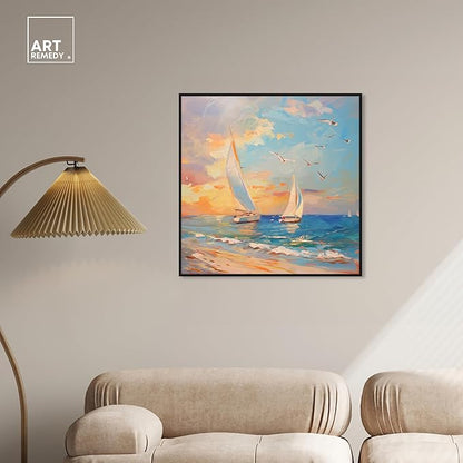 Art Remedy Sailboats In The Sunset Framed Sailing 1 Piece Canvas Wall Art, 31" x 31", Black Frame